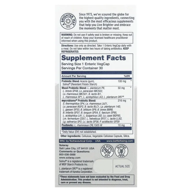 Solaray, Mycrobiome®, полноценный пробиотик, для настроения, 30 растительных капсул