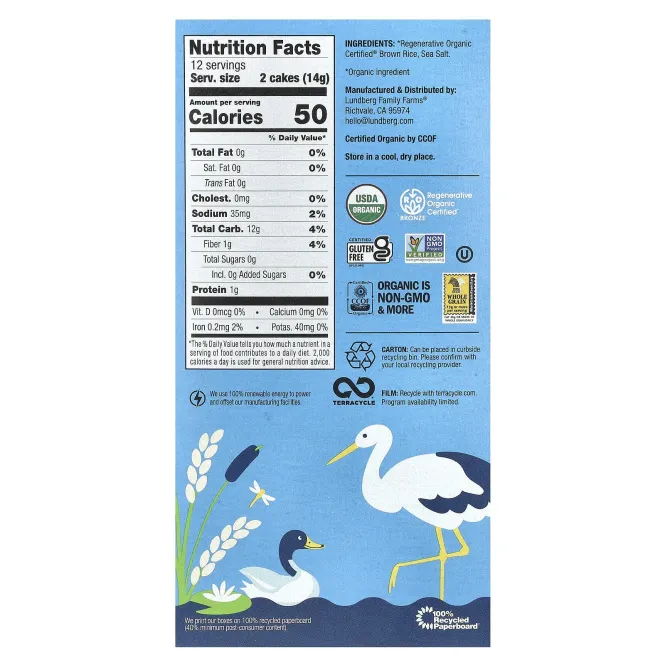Lundberg, Органические тонкие пирожные из коричневого риса, с легкой солью, 168 г (6 унций)