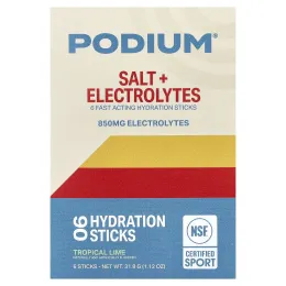 Podium Nutrition, соль и электролиты, стики для гидратации, тропический лайм, 6 стиков по 5,3 г (0,18 унции)