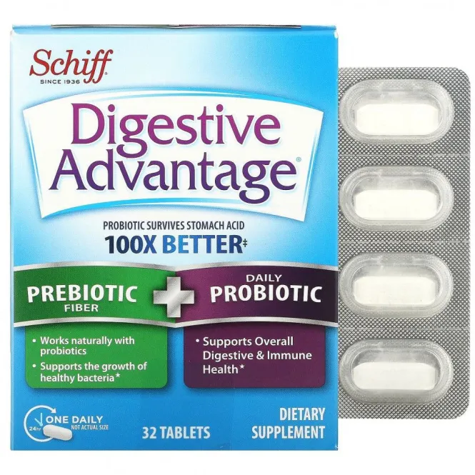 Schiff, Digestive Advantage, пребиотическая клетчатка и ежедневный пробиотик, 32 таблетки