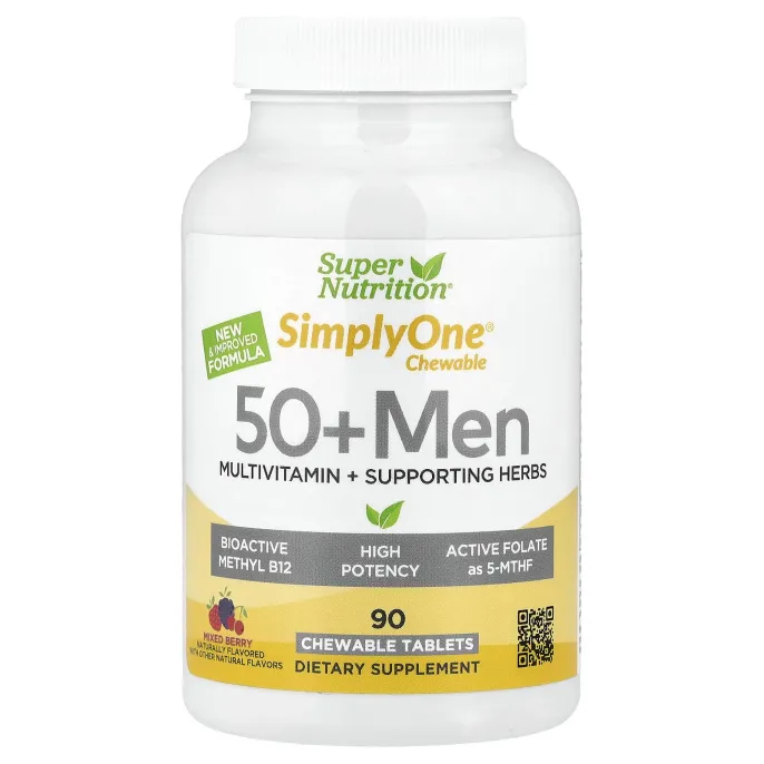 Super Nutrition, SimplyOne®, жевательные мультивитамины и поддерживающие травы для мужчин старше 50 лет, вкус ягод, 90 жевательных таблеток