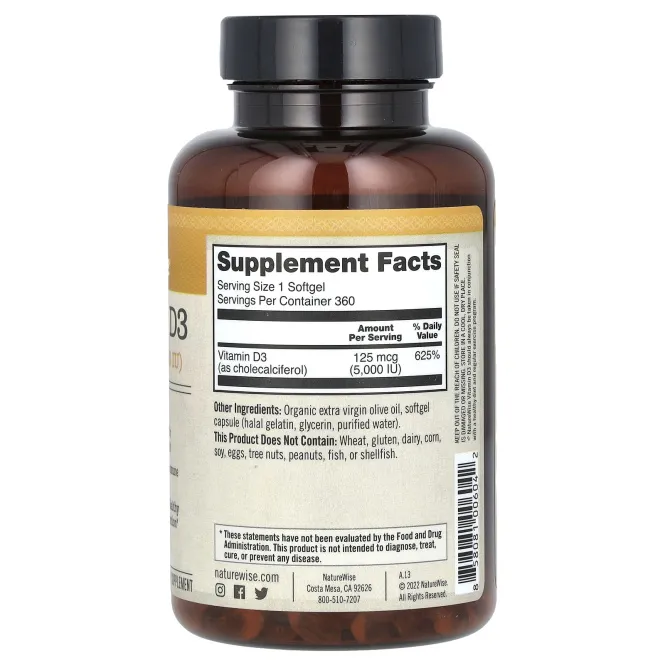 NatureWise, Витамин D3, 5000 МЕ, 360 мягких капсул