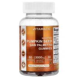 Vitamatic, тыквенные семечки, жевательные таблетки с сереноей, со вкусом натуральной малины, 60 жевательных таблеток