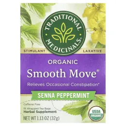Traditional Medicinals, Organic Smooth Move®, перечная мята сенна, без кофеина, 16 упакованных чайных пакетиков, 32 г (1,13 унции)