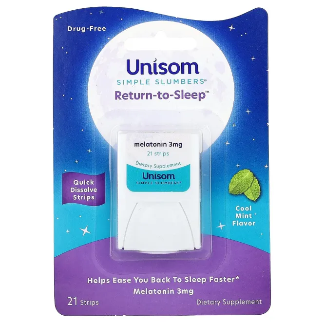 Unisom, Simple Slumbers, возврат к сну, мелатониновые полоски, холодящая мята, 3 мг, 21 полоска