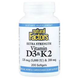 Natural Factors, витамины D3 и K2, 200 капсул