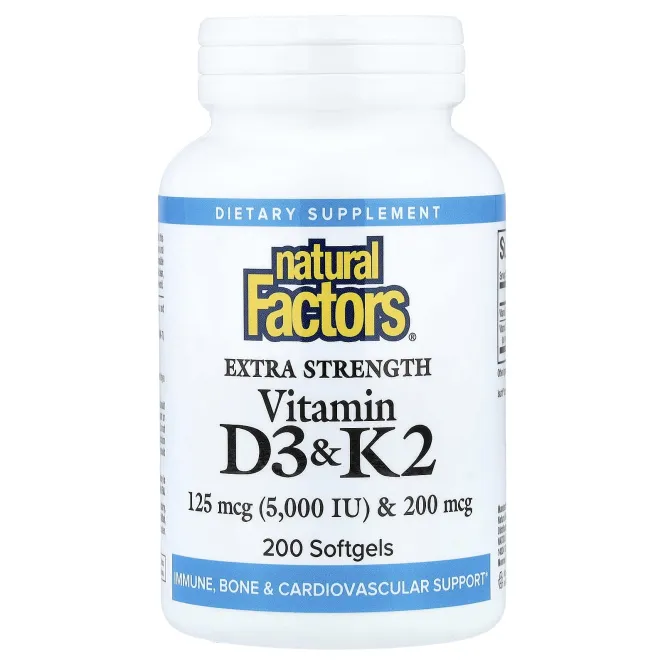 Natural Factors, витамины D3 и K2, 200 капсул