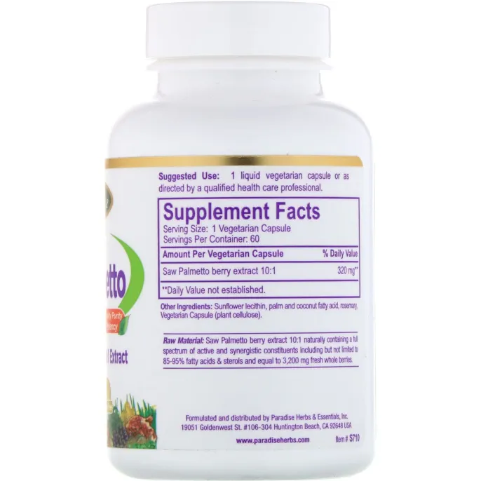Paradise Herbs, Saw Palmetto, 60 Vegetarian Capsules