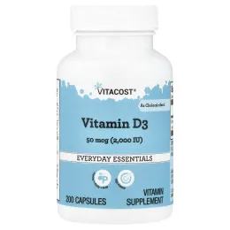 Vitacost, витамин D3 в виде холекальциферола, 50 мкг (2000 МЕ), 200 капсул