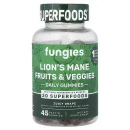 Fungies, ежедневные жевательные таблетки с ежовиком гребенчатым, со вкусом сочного винограда, 45 жевательных таблеток с пектином