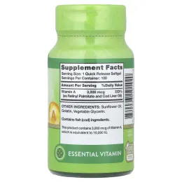Nature's Truth, Витамин A высокой эффективности, 3000 мкг (10 000 МЕ), 100 капсул быстрого высвобождения