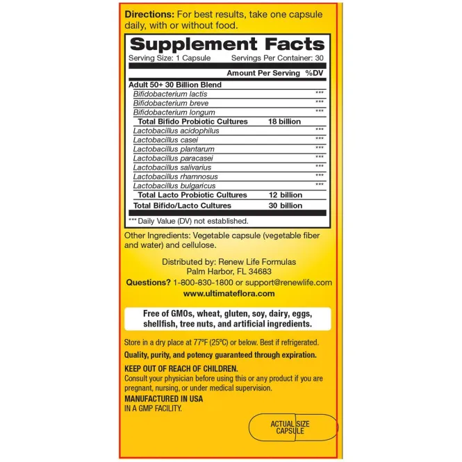 Renew Life, Для взрослых в возрасте 50 лет и старше, Ultimate Flora Probiotic, 30 миллиардов живых культур, 30 капсул в оболочке растительного происхождения