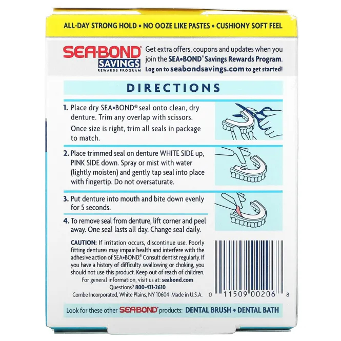 SeaBond, Адгезивные пломбы для зубных протезов, нижние, оригинальные, 30 шт.