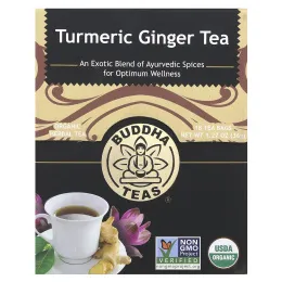 Buddha Teas, Organic Herbal Tea, куркума и имбирь, без кофеина, 18 чайных пакетиков, 36 г (1,27 унции)