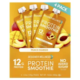 Designer Wellness, Протеиновый смузи, персик и манго, 4 упаковки по 120 г (4,2 унции)