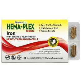 Nature's Plus, Hema-Plex, железо с незаменимыми питательными веществами для здоровых эритроцитов, 10 таблеток с замедленным высвобождением