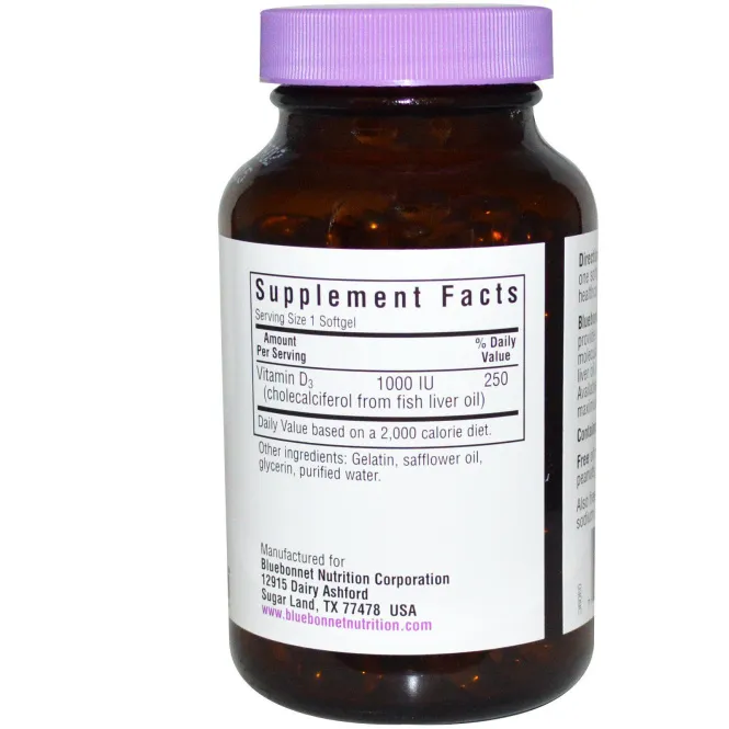 Bluebonnet Nutrition, Витамин D3, 1000 МЕ, 250 гелевых капсул