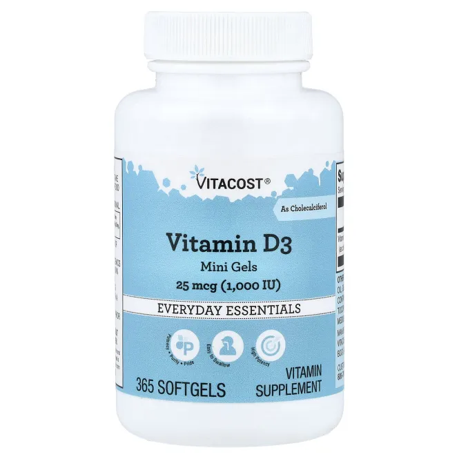 Vitacost, витамин D3, 25 мкг (1000 МЕ), 300 капсул