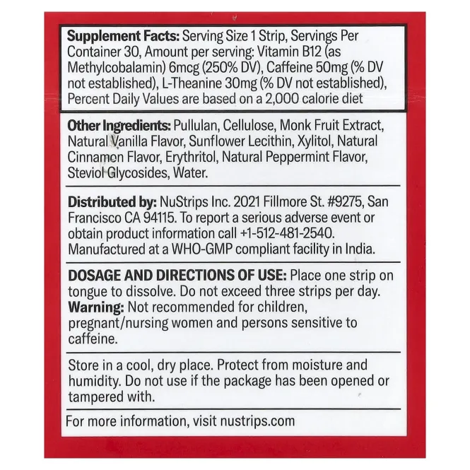 NuStrips, Energy In A Strip™, корица и ваниль, 30 полосок