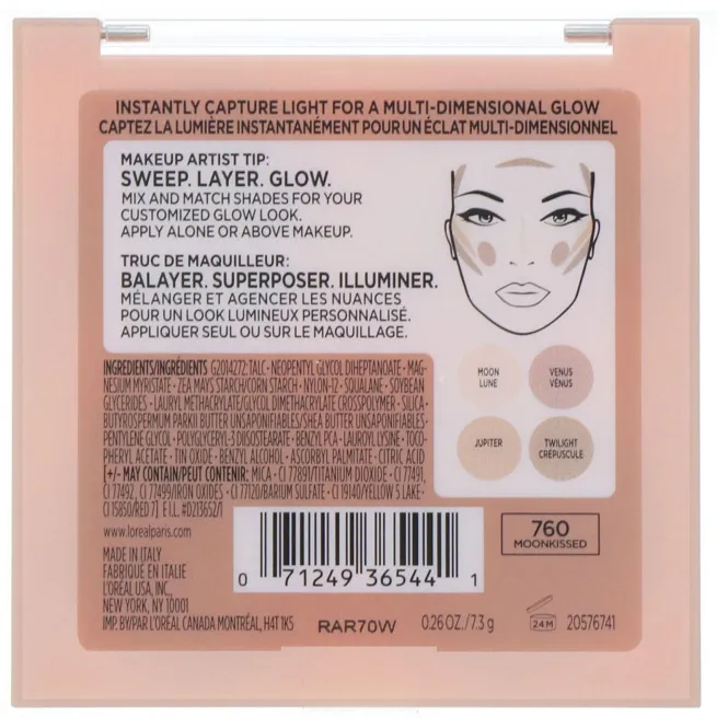 L'Oreal, Палетка хайлайтеров True Match Lumi Glow Nude, оттенок 760 «Лунный поцелуй», 7,3 г