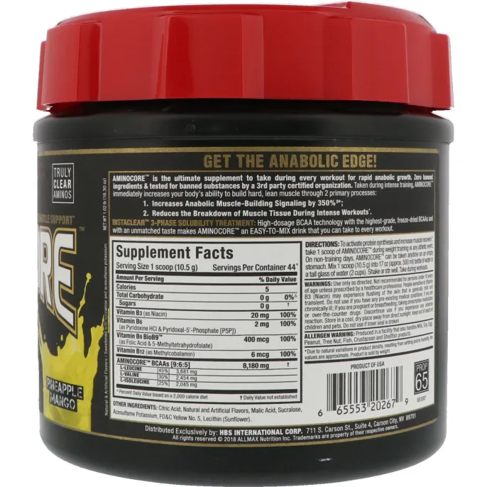 ALLMAX Nutrition, AMINOCORE, аминокислоты с разветвлённой цепью, 8 г аминокислот с разветвлённой цепью, 100% чистота, соотношение 45:30:25, без глютена, ананас и манго, 462 г