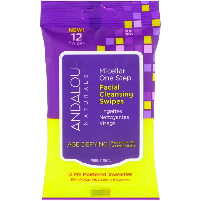Andalou Naturals, Антивозрастное средство, мицеллярные одноразовые чистящие салфетки для лица, 12 предварительно увлажненных салфеток