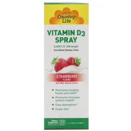 Country Life, Спрей с витамином D3, со вкусом клубники, 2000 МЕ (50 мкг), 150 распылений для ротовой полости, 0,81 ж. унц.(24 мл)