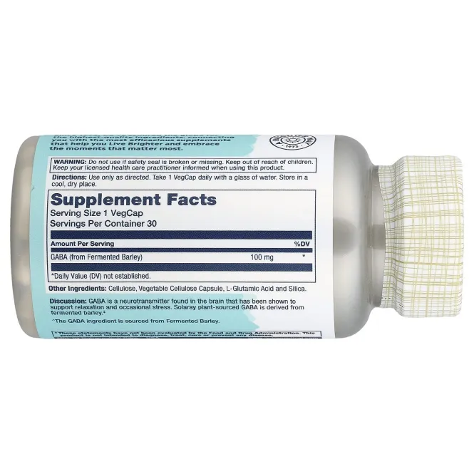 Solaray, ГАМК растительного происхождения, 100 мг, 30 растительных капсул