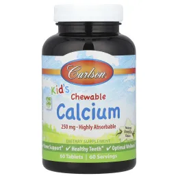 Carlson Labs, Детский жевательный кальций, натуральный ванильный вкус, 250 мг, 60 таблеток