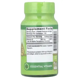 Nature's Truth, Витамин E, высокая эффективность, 180 мг (400 МЕ), 100 капсул быстрого высвобождения