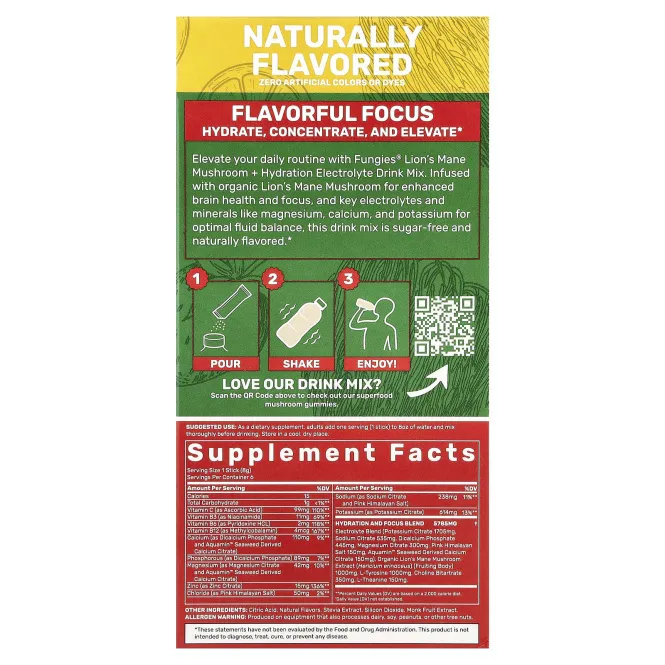 Fungies, ежовик гребенчатый, гриб, гидратация, смесь для приготовления электролитического напитка, клубничный лимонад, 6 пакетиков по 8 г (0,28 унции)
