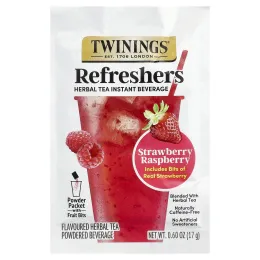 Twinings, Refreshers, растворимый напиток на основе травяного чая, клубника и малина, без кофеина, 5 пакетиков по 17 г (0,6 унции)