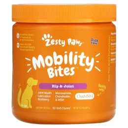 Zesty Paws, Mobility Bites для собак, поддержка бедер и суставов, вкус утки, 90 мягких жвачек