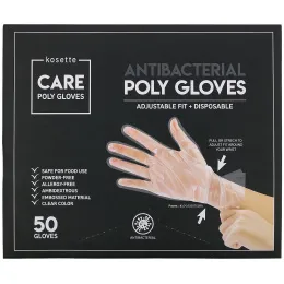 Kosette, Antibacterial Poly Gloves, Adjustable Fit + Disposable, 50 Gloves