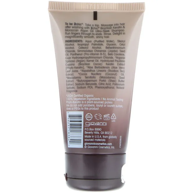 Giovanni, 2chic, ультра-гладкий кондиционер для всех типов волос, бразильский кератин и аргановое масло, 44 мл