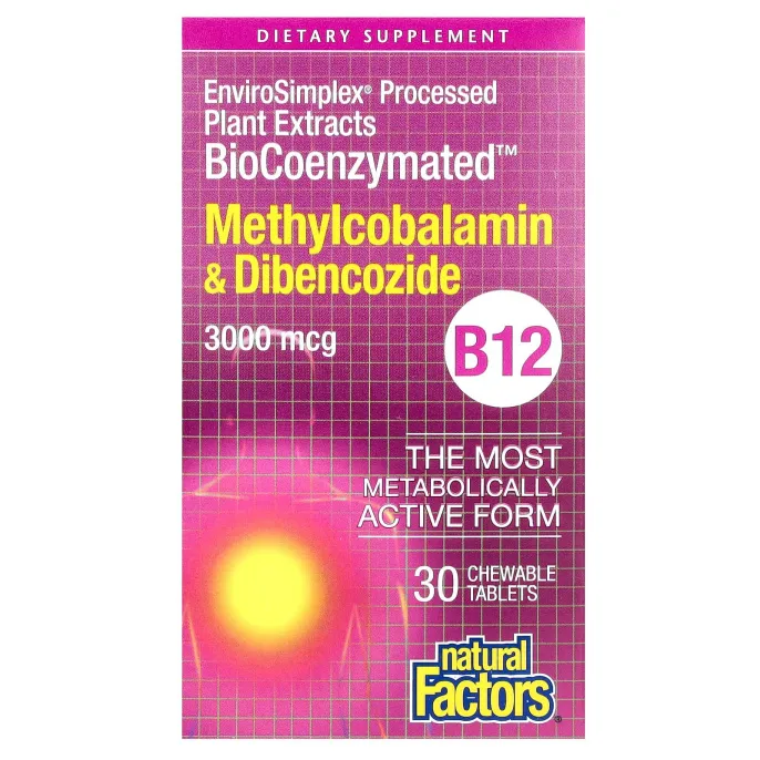 Natural Factors, BioCoenzymated, Метилкобаламин и дибенкозид, 3 000 мкг, 30 жевательных таблеток
