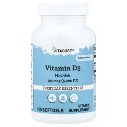 Vitacost, витамин D3 в мини-капсулах, 125 мкг (5000 МЕ), 100 капсул