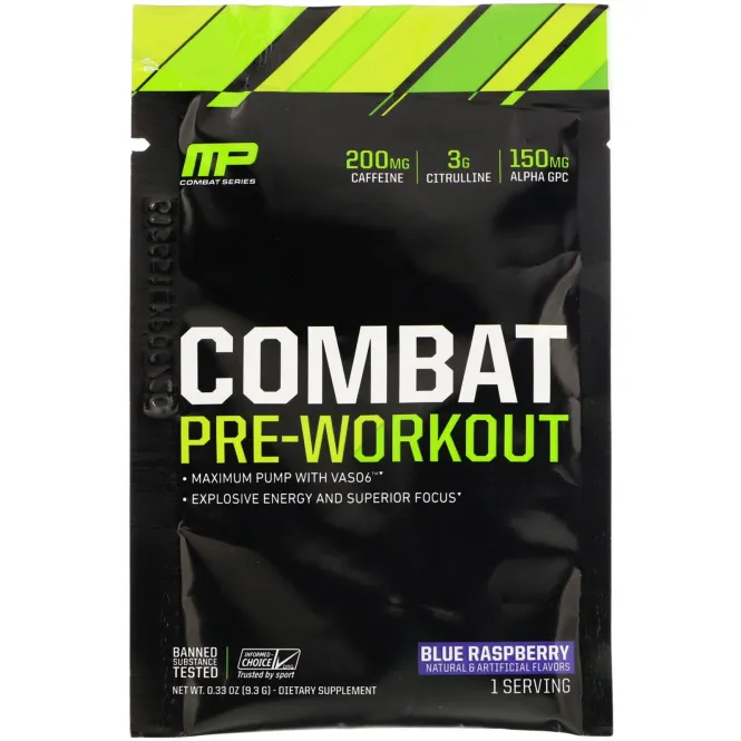 MusclePharm, Combat Предтренировочная формула, Голубая малина, 0,33 унц. (9,3 г) пробная расфасовка