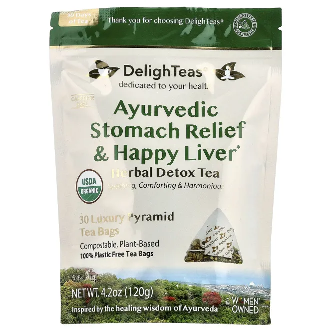 DelighTeas, Ayurvedic Stomach Relief & Happy Liver, травяной чай для выведения токсинов, без кофеина, 30 роскошных чайных пакетиков Pyramid, 120 г (4,2 унции)