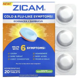 Zicam, Echinacea + Sambucus, охлаждающая перечная мята, 20 быстрорастворимых таблеток