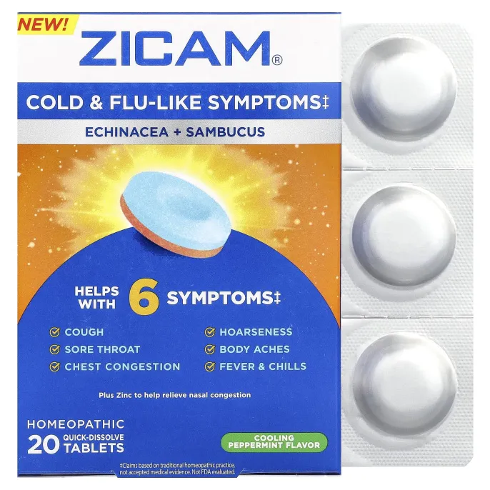 Zicam, Echinacea + Sambucus, охлаждающая перечная мята, 20 быстрорастворимых таблеток