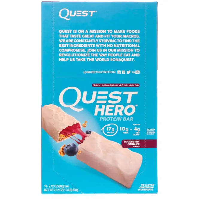 Quest Nutrition, Hero Protein Bar, Blueberry Cobbler-10 Bars, 2.12 oz(60g) Each