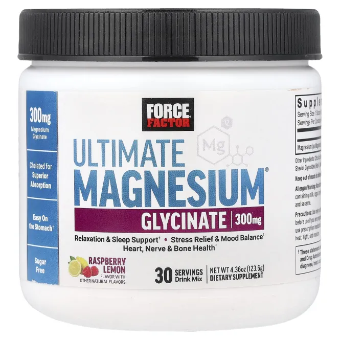 Force Factor, Ultimate, смесь для приготовления напитка с глицинатом магния, со вкусом малины и лимона, 123,6 г (4,36 унции)