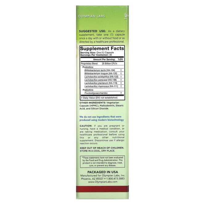 Olympian Labs, Полный комплекс пребиотиков и пробиотиков, 30 растительных капсул