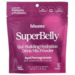 Blume, SuperBely, смесь для приготовления гидратированного напитка для формирования кишечника, со вкусом граната асаи, 15 пакетиков по 4 г (0,14 унции)