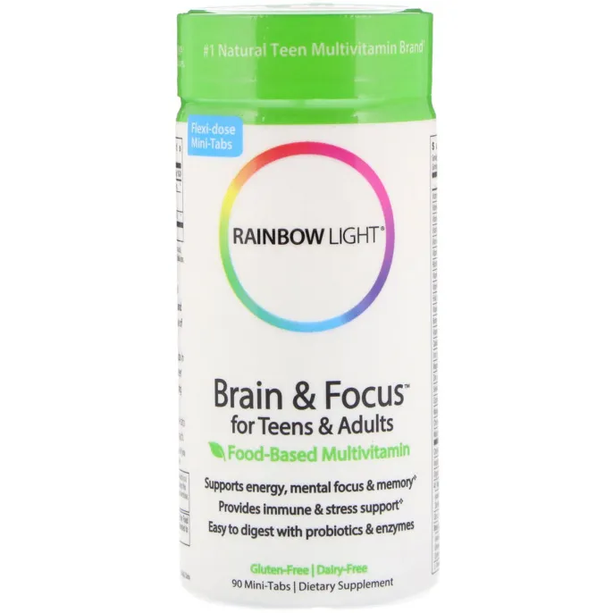 Rainbow Light, Brain & Focus для детей и взрослых, пищевой мультивитаминный комплекс, 90 мини таблеток