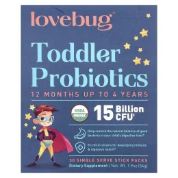LoveBug Probiotics, пробиотики для детей в возрасте от 1 года до 4 лет, 15 млрд КОЕ, 30 порций в индивидуальных стик-пакетах по 1,8 г (0,06 унции)