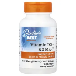 Doctor's Best, витамины D3 и K2 MK-7, 180 мягких таблеток