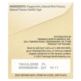Twinings, Ароматизированный травяной чай, перечная мята и сливочная ваниль, без кофеина, 20 чайных пакетиков, 40 г (1,41 унции)