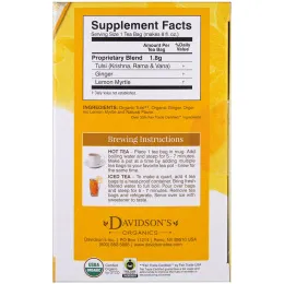 Davidson's Tea, Священный базилик, органический, имбирный лимонный чай, без кофеина, 25 чайных пакетиков, 1,58 унции (45 г)
